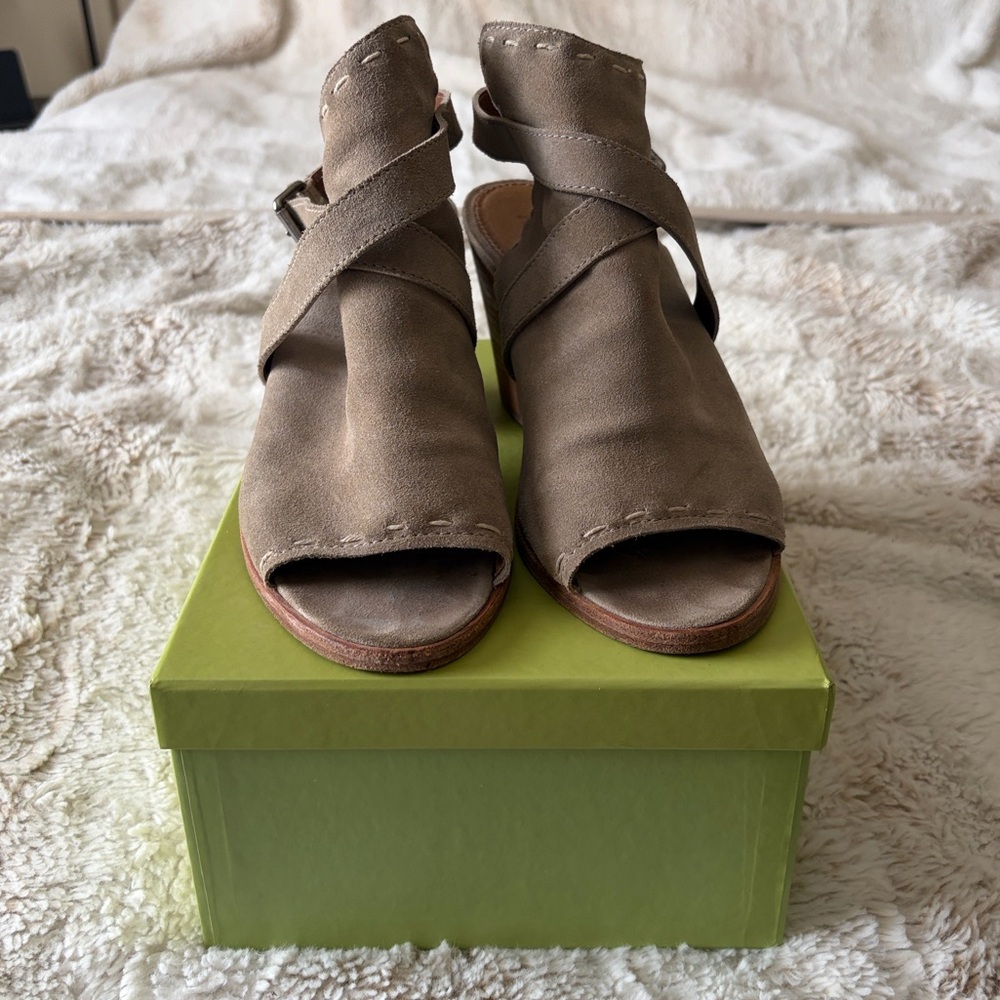 Frye Suede Open-Toe Ankle Booties in Taupe